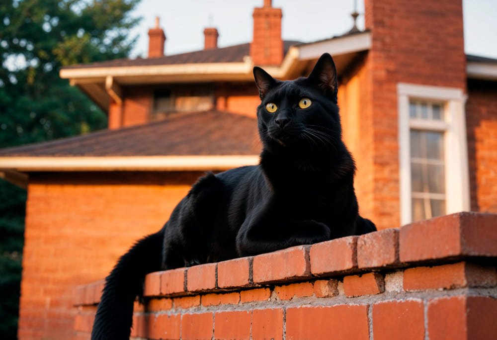 Gato preto de olhos amarelos descansando em cima de um muro de tijolos ao ar livre, representando os perigos da rua para a idade dos gatos.