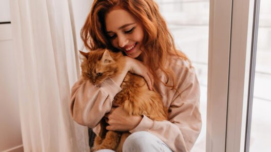 Uma mulher ruiva sorridente abraça carinhosamente um gato persa laranja fofo perto de uma janela com cortinas brancas.