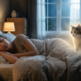 Mulher dormindo tranquilamente em uma cama confortável enquanto um gato iluminado e com aura mística a observa, representando a conexão espiritual e o mistério do mundo dos sonhos.