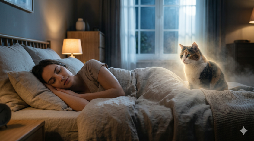 Mulher dormindo tranquilamente em uma cama confortável enquanto um gato iluminado e com aura mística a observa, representando a conexão espiritual e o mistério do mundo dos sonhos.