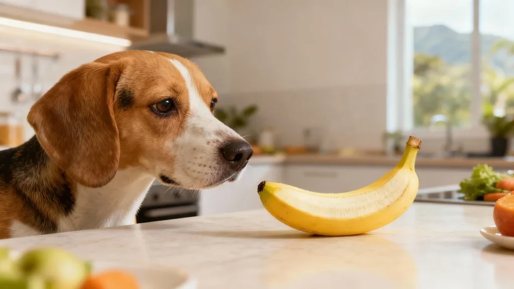 Um Beagle observa atentamente uma banana sobre a bancada da cozinha, ilustrando a dúvida sobre o uso da fruta em casos de diarreia.