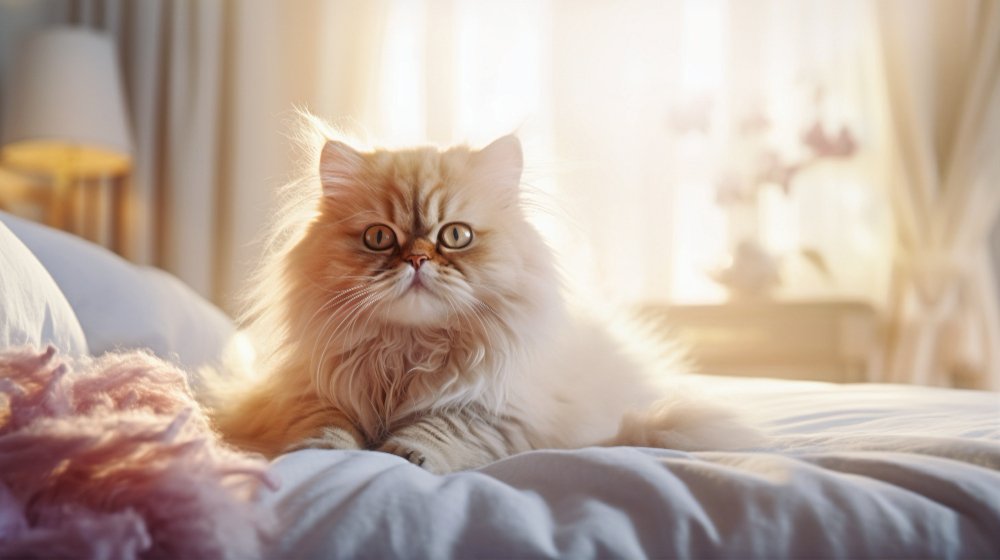 Gato persa de pelagem longa e clara deitado no centro de uma cama branca, banhado por luz dourada natural, destacando seus grandes olhos amarelados.