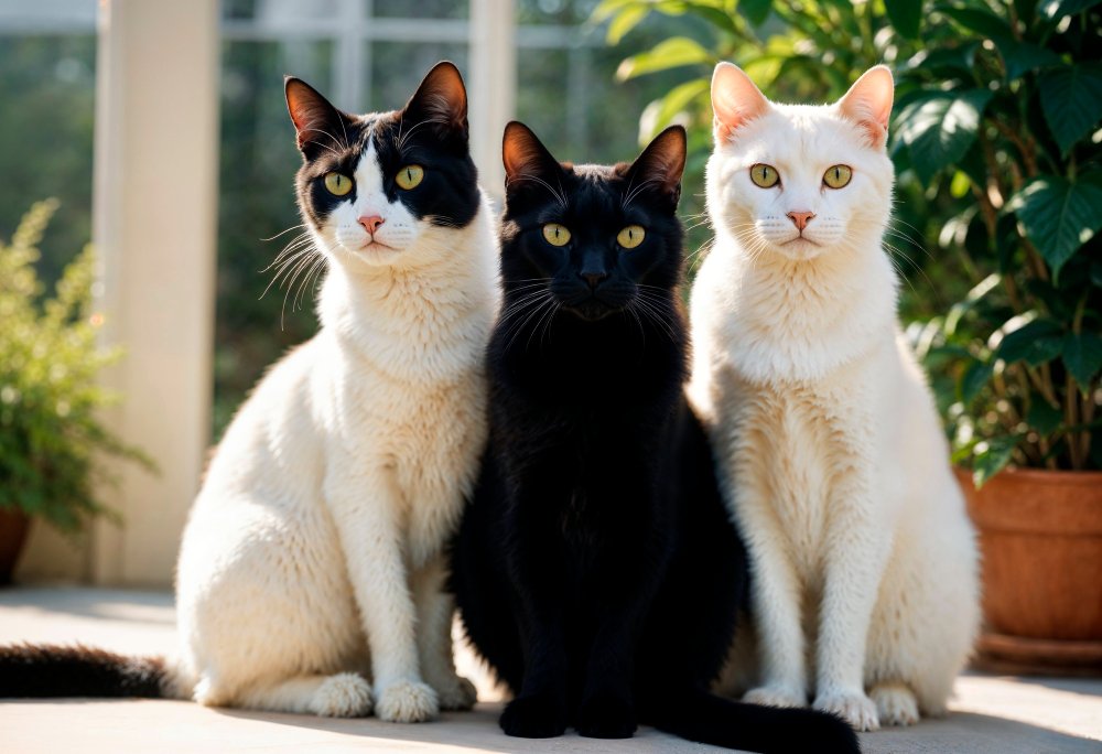 rês gatos sentados lado a lado: um branco e preto à esquerda, um totalmente preto no centro e um totalmente branco à direita, com plantas ao fundo.