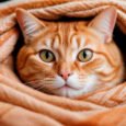 Gato laranja enrolado em uma manta confortável, representando o bem-estar e a segurança de um gato caseiro.