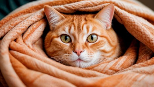 Gato laranja enrolado em uma manta confortável, representando o bem-estar e a segurança de um gato caseiro.