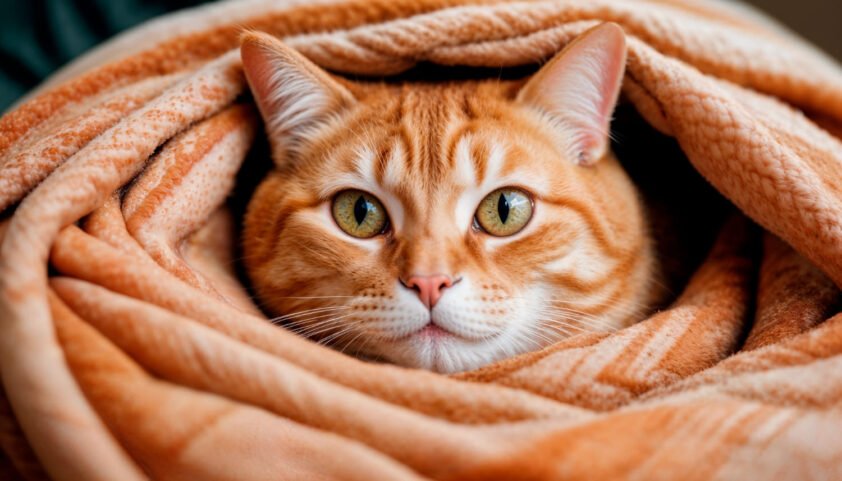 Gato laranja enrolado em uma manta confortável, representando o bem-estar e a segurança de um gato caseiro.