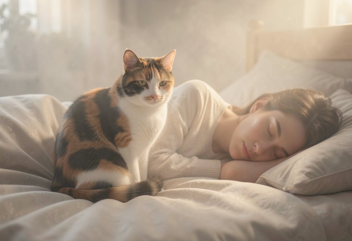Gato tricolor (calico) sentado em uma cama perto de uma mulher que está dormindo profundamente, em um ambiente aconchegante e ensolarado.