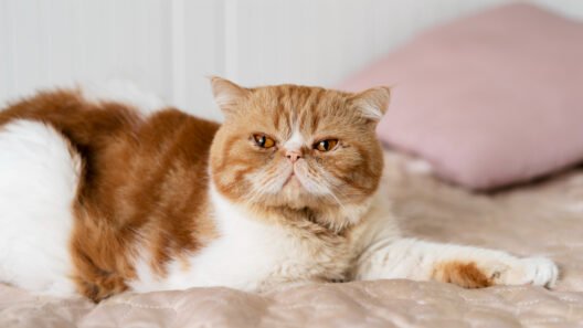 Gato persa bicolor de pelagem branca e laranja deitado em uma cama confortável, destacando seu focinho achatado e olhos expressivos acobreados.